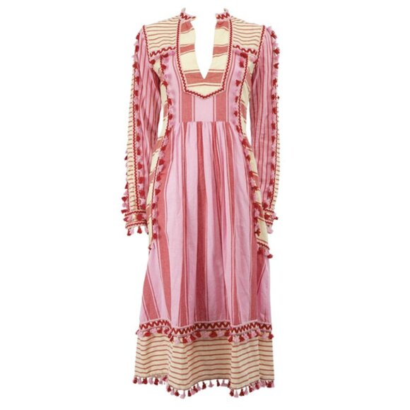 Dodo Bar Or Embroidered Stripe Midi Dress Tassel Fringe Pink Cotton Size Medium - Picture 1 of 14